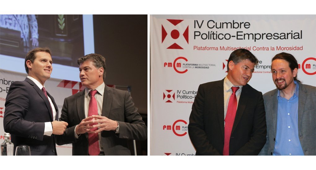 En las dos imágenes, Antoni Cañete, presidente de la Plataforma, junto a Albert Rivera (izquierda) y Pablo Iglesias (derecha), en la IV Cumbre Político Empresarial.