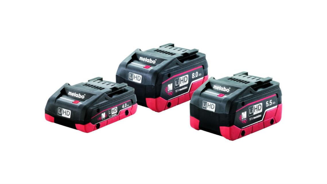 La batería adecuada para cada aplicación: a partir de mayo, los usuarios pueden elegir entre las baterías Metabo LiHD con 8,0 Ah, 5,5 Ah y la batería compacta de 4,0 Ah. Las tres representan fuentes de alimentación LiHD-Power completas.