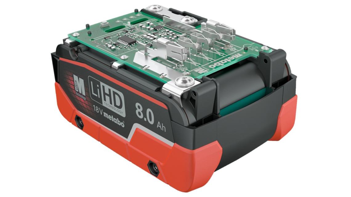 La tecnología de las baterías LiHD de Metabo es la base del sistema CAS. El modelo de 18 voltios con diez células de batería ofrece hasta 1600 vatios de potencia con una capacidad de 8.0 amperios por hora (Ah).