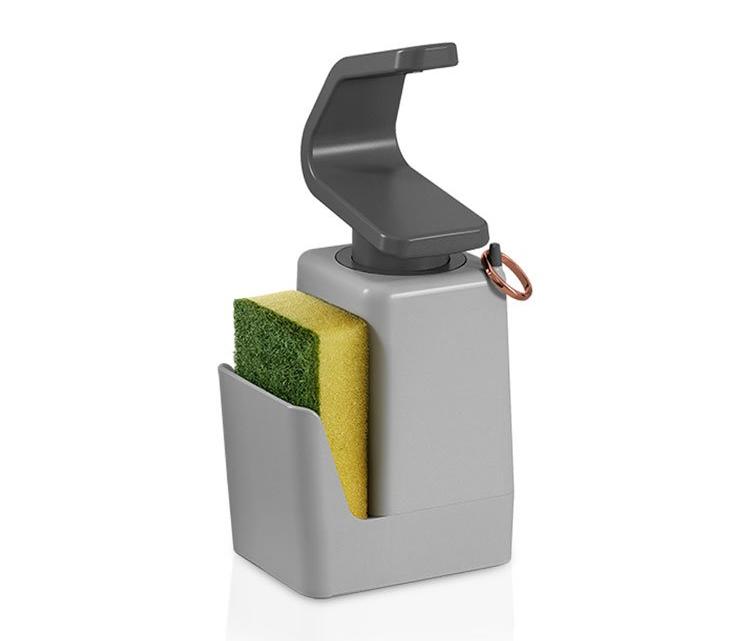 Soap-Tex es un dispensador de jabón líquido con soporte para estropajo.