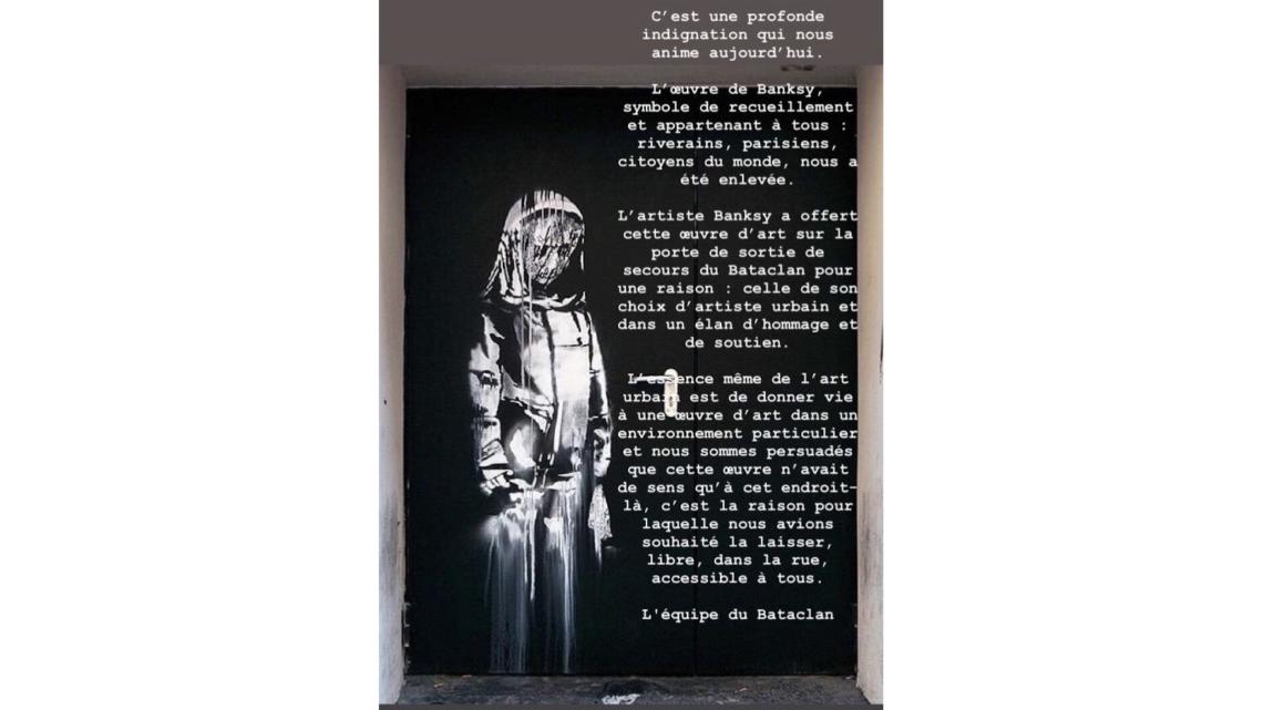 Imagen recreada por Banksy en Bataclan, junto con el texto difundido por el equipo de la sala parisina cuando se produjo el robo.