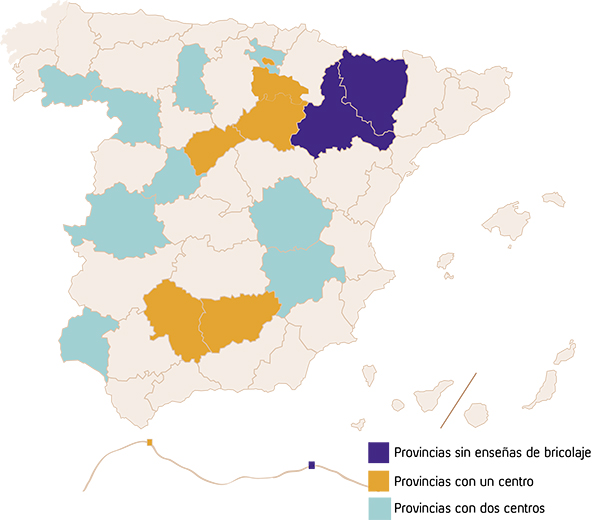 Mapa Provincias Espana con menos cadenas bricolaje