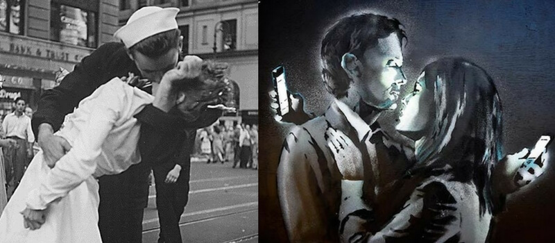 Banksy mobile lovers. Enfermera y marinero beso